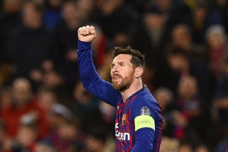 Penyerang Barcelona, Lionel Messi, merayakan gol yang dicetaknya pada babak 16 besar Liga Champions antara Barcelona vs Lyon di Camp Nou, Rabu (13/3/2019) atau Kamis dini hari WIB.