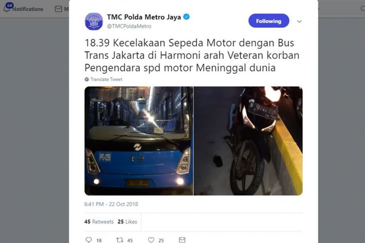 Kecelakaan yang terjadi pukul 18.39 WIB itu mengakibatkan pengendara sepeda motor tewas.