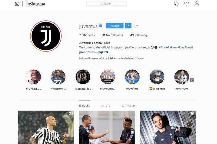 Jumlah pengikut Juventus di Instagram
