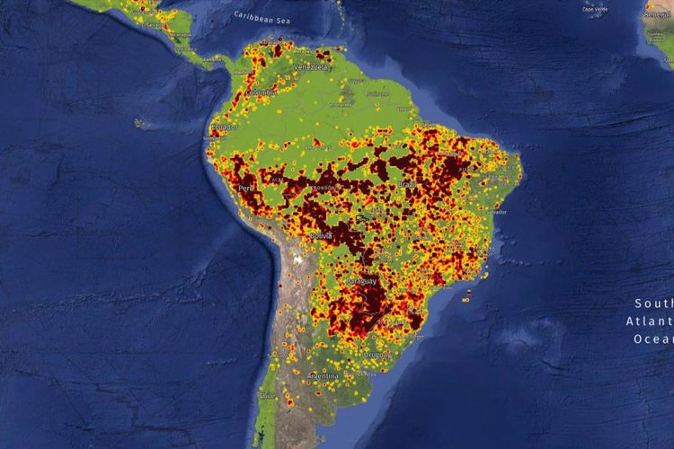 Seperti inilah titik-titik kebakaran hutan di Brasil. Saat ini, Brasil mengalami periode terparah kebakaran hutan sejak 2013, di mana tercatat ada 76.720 kebakaran sejak Januari hingga Agustus 2019. Jumlah itu mengalami kenaikan 83 persen dibandingkan periode yang sama tahun lalu.