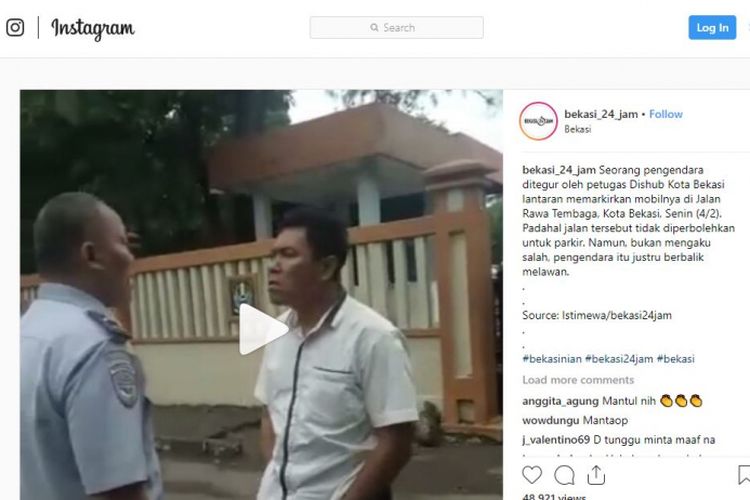 Video pengendara ditegur oleh petugas Dishub Kota Bekasi lantaran memarkirkan mobilnya di Jalan Rawa Tembaga, Kota Bekasi.