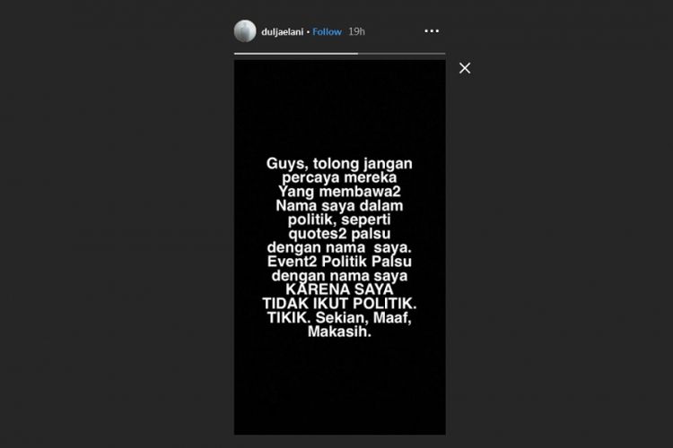 Bidik layar fitur insta story akun Instagram Dul Jaelani. 