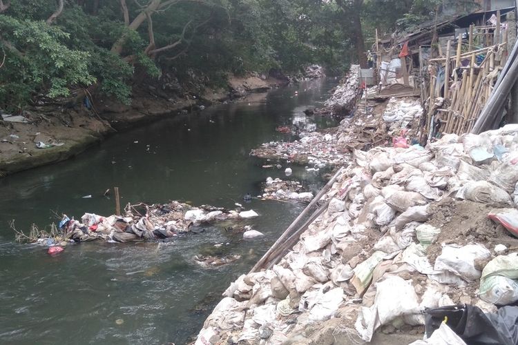 Penampakan lahan buatan dan rumah di bantaran Kali Ciliwung, Jakarta Timur, Rabu (14/8/2019)