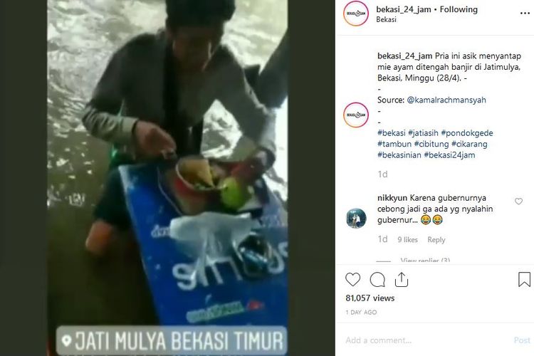 Seorang pria yang makan mi ayam di tengah banjir viral di media sosial. 