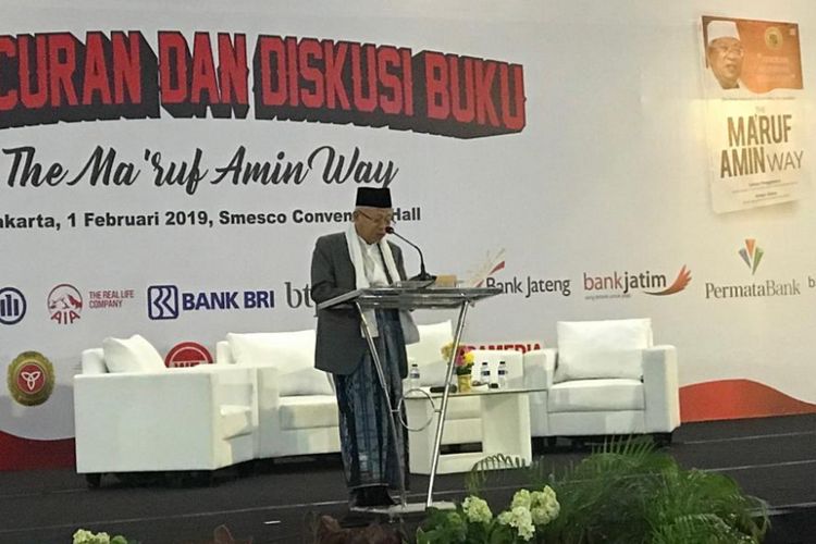 Calon wakil presiden nomor urut 01, Maruf Amin, saat peluncuran buku berjudul The New Indonesia Economics Perspective: The Maruf Amin Way, di Gedung Smesco, Jakarta, Jumat (1/2/2019).