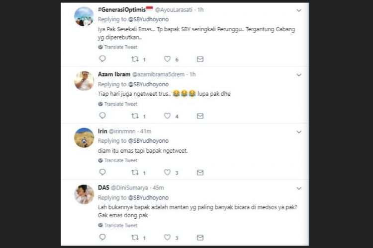 Komentar sebaguan netizen di twit SBY, Rabu (12/9/2018).