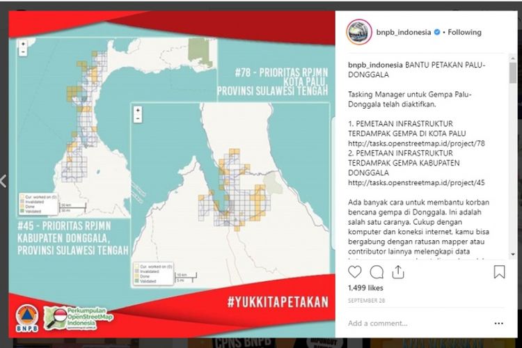 Seruan pertama dari BNPB yang mengajak masyarakat berpartisipasi untuk memetakan dampak gempa di Palu dan Donggala pada Jumat (28/9/2018).