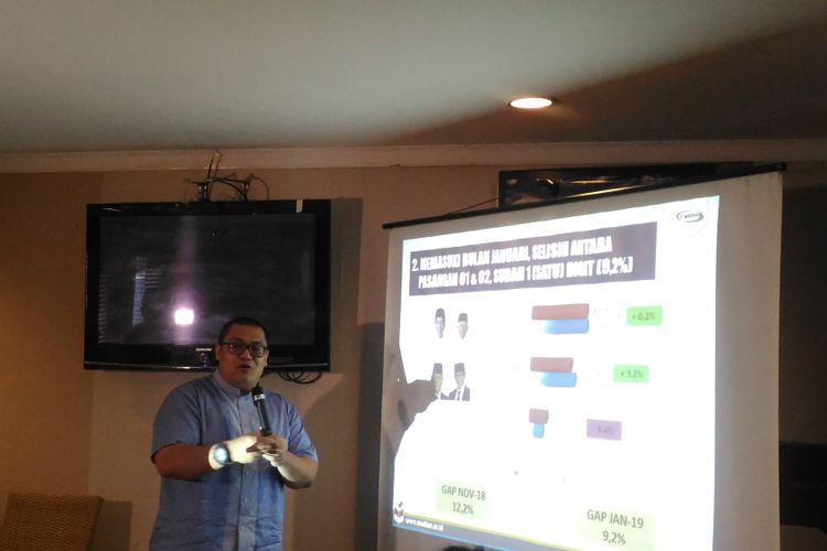 Direktur Eksekutif lembaga survei Median Rico Marbun saat memaparkan hasil survei di Cikini, Jakarta Pusat, Selasa (27/11/2018). 