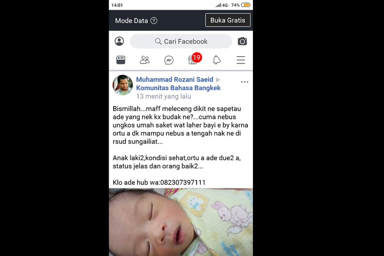 Penawaran adopsi bayi yang diposting di akun Facebook dengan nama Muhammad Rozani viral di Bangka Belitung.