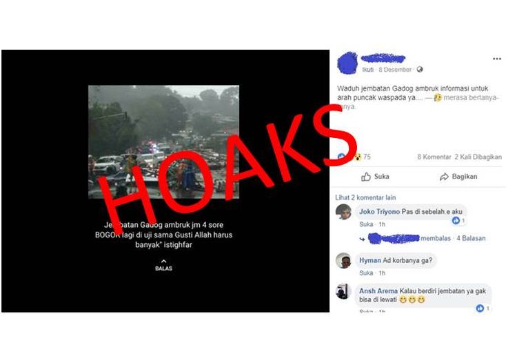 Hoaks foto yang mengabarkan bahwa Jembatan Gadog, Bogor, Jawa Barat roboh karena derasnya hujan dan diserati angin kencang.
