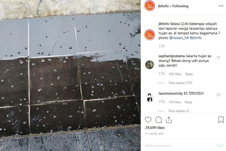 Foto hujan es di Jakarta viral di media sosial. 