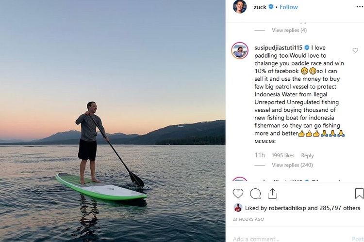 Zuckerberg mengunggah fotonya sedang naik paddle di laut dengan caption foto Tahoe sunset. 