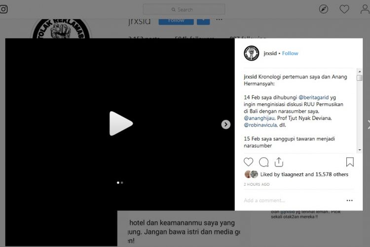Bidik layar salah satu postingan akun Instagram Jerinx SID, Selasa (19/2/2019).
