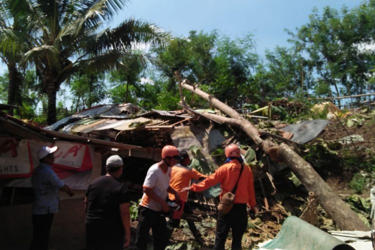 Nampak rumah tertimpa pohon tumbang akibat angin puting beliung di Desa Karangharja, Kecamatan Pebayuran, Kabupaten Bekasi, Kamis (28/3/2019).