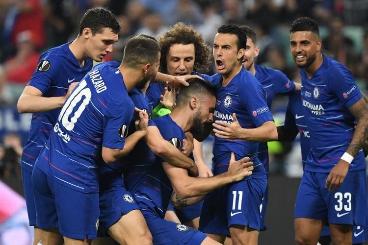 Olivier Giroud merayakan gol bersama rekan-rekannya pada laga Chelsea vs Arsenal dalam final Liga Europa di Stadion Olimpiade Baku, Azerbaijan, 29 Mei 2019. 