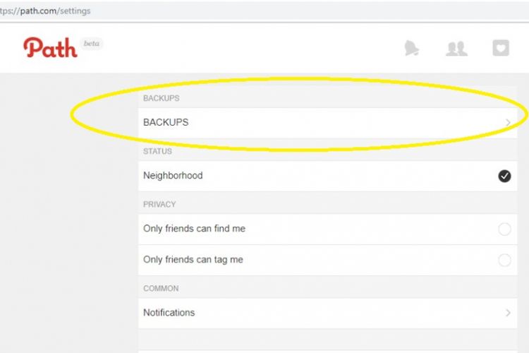 Tangkapan layar backup data Path. Setelah buak menu Settings pilih opsi Backup yang ada di paling atas. Kemudian masukan e-mail sebagai alamat tujuan backup data.