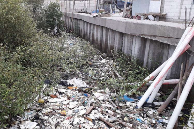 Hamparan sampah kiriman mengotori hutan mangrove yang berada di dekat komplek Rusun Marunda, Selasa (11/12/2018).