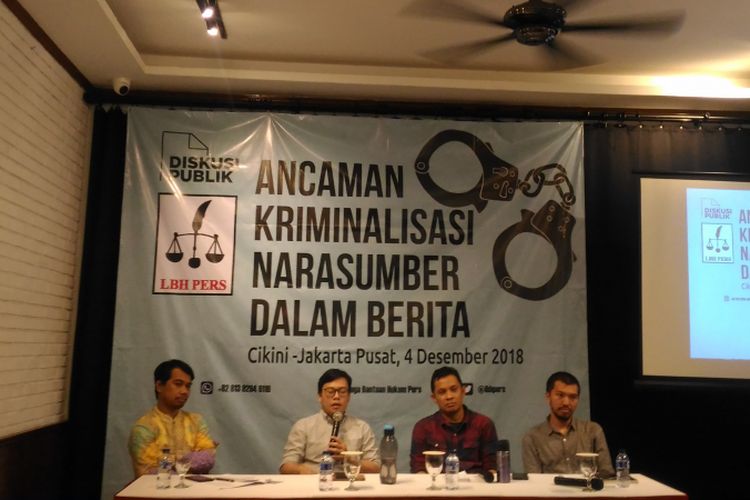 Diskusi publik yang diselenggarakan LBH Pers bertajuk Ancaman Kriminalisask Narasumber dalam Berita di kawasan Cikini, Jakarta Pusat, Selasa (4/12/2018).  