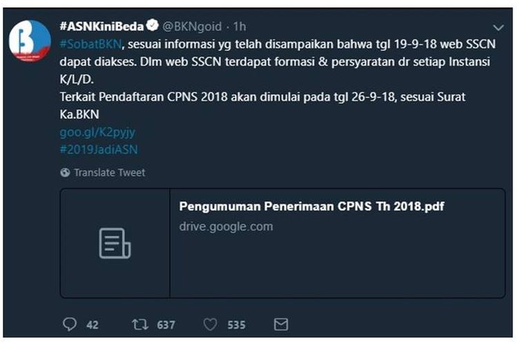 Akun Twitter Badan Kepegawaian Negara (BKN) menginformasikan, pendaftaran CPNS 2018 akan dimulai pada 26 September 2018. Rabu (19/9/2018).