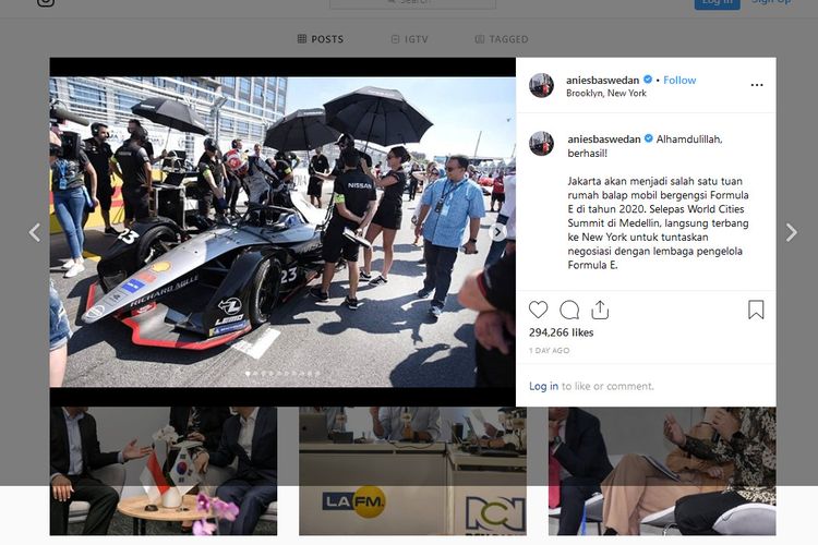 Gubernur DKI Jakarta Anies Baswedan mengumumkan Jakarta akan menjadi tuan rumah Formula E 2020 melalui akun instagramnya. 