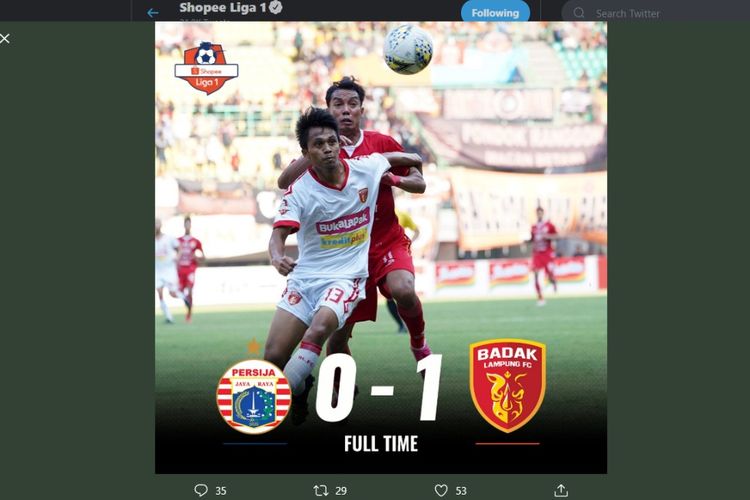 Persija Jakarta takluk 0-1 dari Perseru Badak Lampung