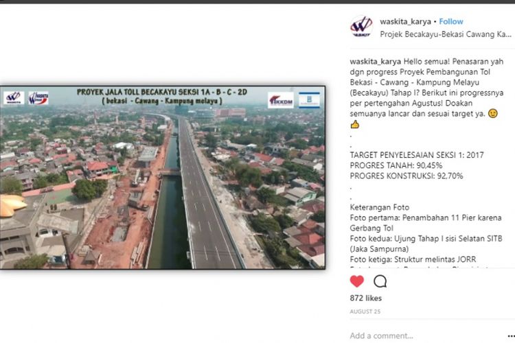 Perkembangan pembangunan Tol Bekasi-Cawang-Kampung Melayu di wilayah Cipinang Melayu. Foto diambil dari Instagram PT Waskita Karya, @waskita_karya.
