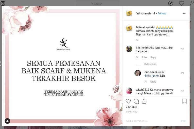 Bidik layar akun Instagram toko daring milik Syahrini, @fatimahsyahrini.