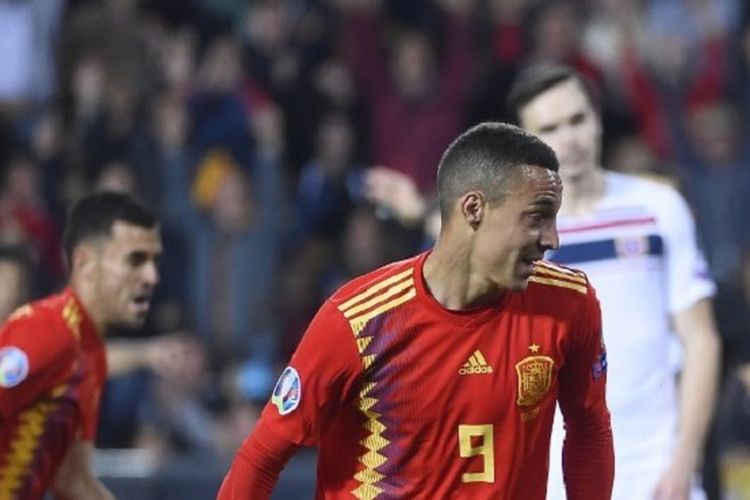 Rodrigo mencetak satu gol pada laga Spanyol vs Norwegia di Stadion Mestalla dalam babak kualifikasi Piala Eropa 2020, 23 Maret 2019. 
