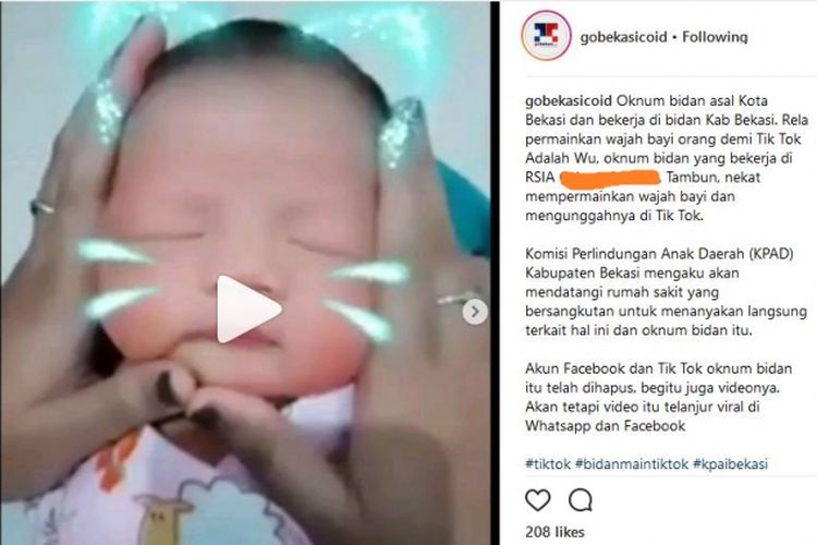 Video Tik Tok seorang bidan yang memainkan wajah bayi di RSIA kawasan Tambun viral di medsos. (INSTAGRAM/ gobekasicoid)