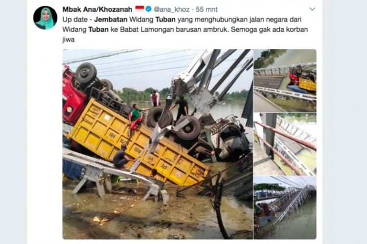 Jembatan Widang Tuban yang menghubungkan jalan nasional dari Widang Tuban ke Babat Lamongan ambruk pada Selasa (17/4/2018). Jembatan ini melintasi Bengawan Solo. Akun Twitter Khozanah Hidayati, Anggota DPRD Jatim 2014 - 2019, Dapil IX - Tuban & Bojonegoro, turut melaporkan kejadian tersebut. 