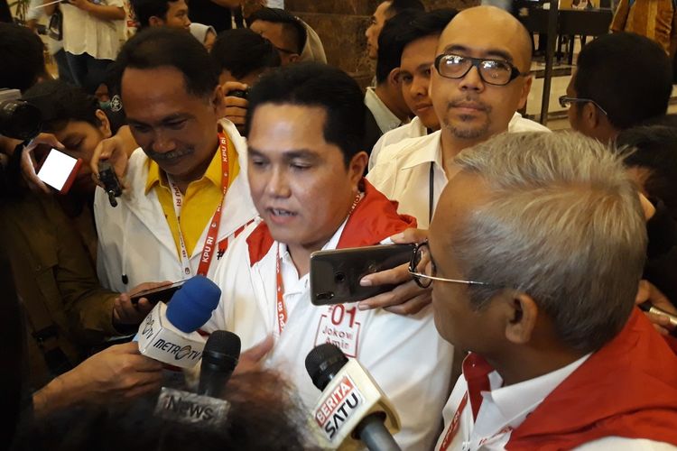 Ketua Tim Kampanye Nasional (TKN) Jokowi-Maruf, Erick Thohir, di Hotel Sultan Jakarta Pusat, Sabtu (13/4/2019).