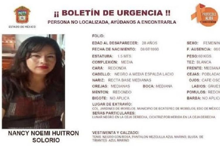 Nancy Huitron hilang bersama bayinya usai mengantarkan kedua putrinya ke sekolah.(EDOMEX Prosecutors Office )