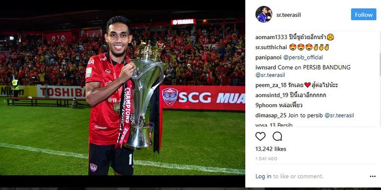 Teerasil Dangda mengunggah foto terbaru di akun Instagram-nya, yang langsung diserbu oleh komentar sejumlah bobotoh, yang menginginkan dia bergabung dengan Persib Bandung.