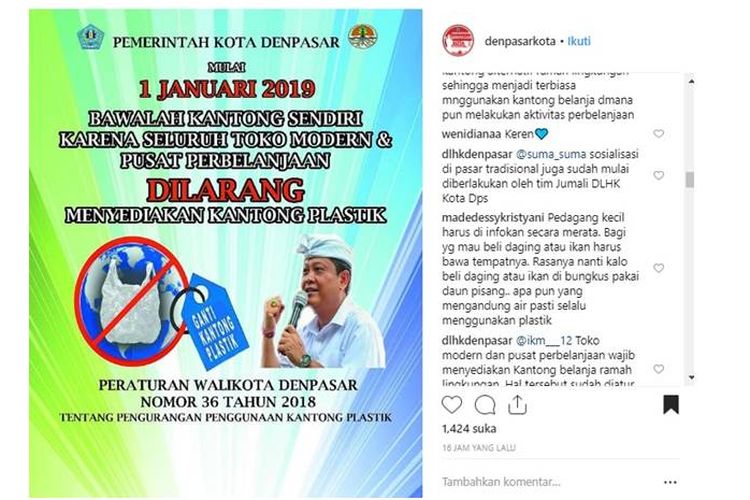 Pemerintah Kota (Pemkot) Denpasar mulai menggiatkan pengurangan pemakaian kantong plastik terhitung pada 1 Januari 2019.