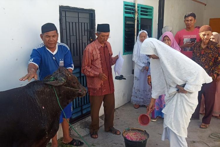 Peserta kurban memandikan sapi sebelum disembelih di Masjid Nurul Huda, Padang. (Dok: Pengurus Masjid Nurul Huda)