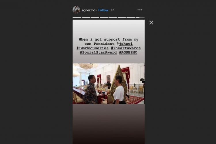 Cuplikan video Insta Story Agnez Mo saat bertemu dengan Presiden Joko Widodo di Istana Merdeka, Jakarta Pusat, Jumat (11/1/2019).