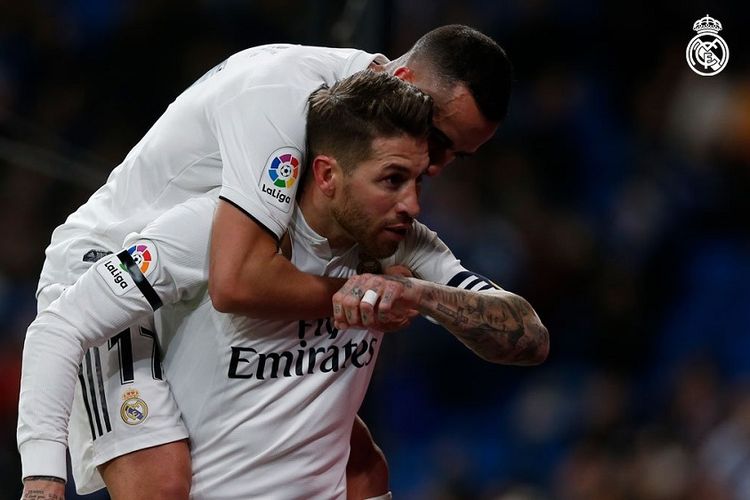 Sergio Ramos merayakan golnya pada pertandingan Real Madrid vs Leganes dalam babak 16 besar Copa del Rey di Stadion Santiago Bernabeu, 9 Januari 2019. 