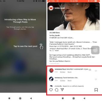 Tangkapan layar pembaruan feed Instagram horisontal di mana komentar bisa digulir ke bawah dengan tetap bisa melihat unggahan.