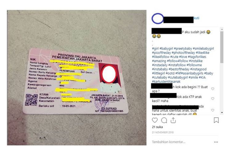 Salah satu contoh Kartu Identitas Anak (KIA) yang diunggah orangtua di media sosial Instagram.