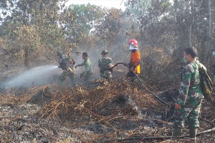 Petugas TNI dan BPBD Pekanbaru memadamkan api karhutla di Kelurahan Air Hitam, Kecamatan Payung Sekaki, Pekanbaru, Riau, Jumat (19/7/2019).