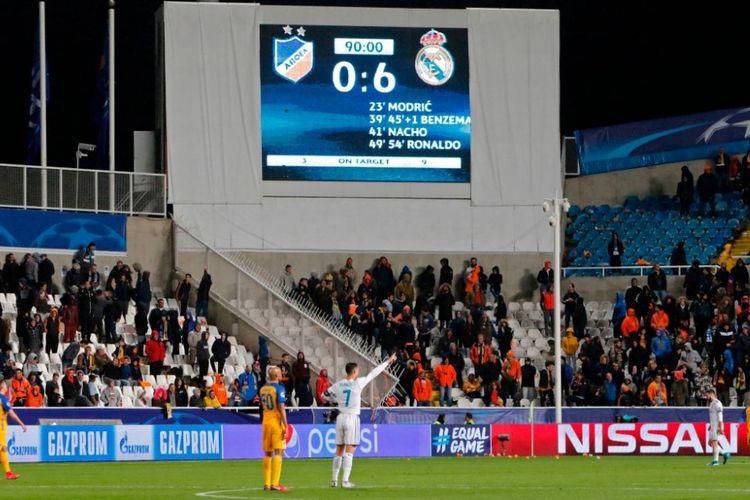 Real Madrid menang 6-0 atas APOELL Nicosia di Stadion Neo GSP pada pertandingan Grup H Liga Champions, Selasa (21/11/2017). 