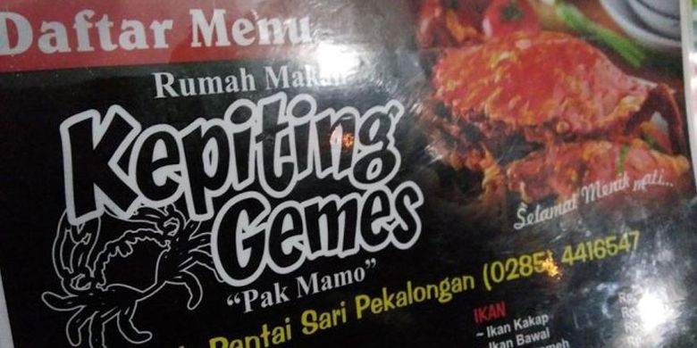 Kepiting Gemes Pak Mamo di cabang Pantai Sari Pekalongan, Jawa Tengah.