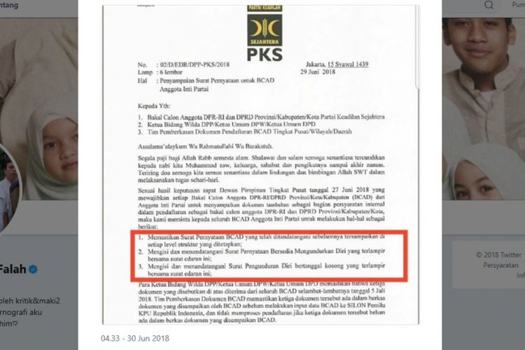 Politisi PKS Fahri Hamzah mengunggah surat berlogo PKS yang meminta bakal caleg terpilih harus siap mengundurkan diri kapanpun.