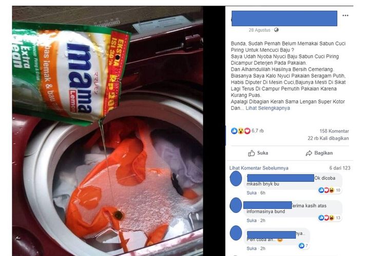 Sebuah unggahan di media sosial Facebook viral dengan pencampuran detergen dengan sabun cuci piring untuk mencuci baju.