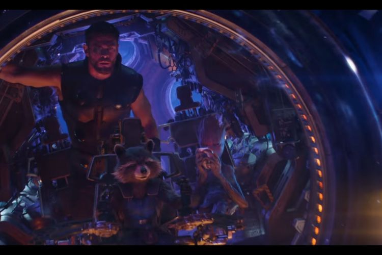 Thor bersama Rocket Raccoon dan Teen Groot beraksi dalam dalam Avengers: Infinity War.