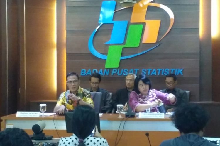Kepala BPS Suhariyanto memaparkan hasil pertumbuhan ekonomi kuartal II 2018 di kantor BPS, Jakarta, Senin (6/8/2018).