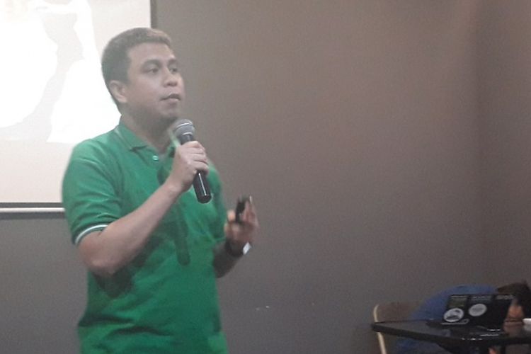 Managing Director Grab Indonesia Ridzki Kramadibrata dalam konferensi pers di Kantor Grab, Pademangan, Kamis (13/9/2018).