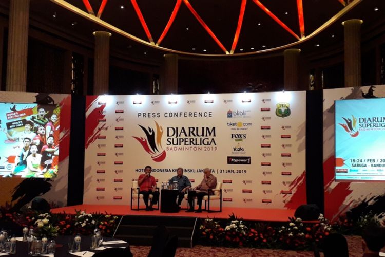 Konferensi pers Djarum Superliga Badminton 2019 di Jakarta, Kamis (31/1/2019). Kejuaraan bulutangkis beregu tersebut akan dihelat di Bandung pada 18-24 Februari mendatang. 