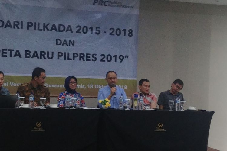 Rilis survei dan diskusi Polmark Indonesia, di Jakarta, Kamis (18/10/2018).