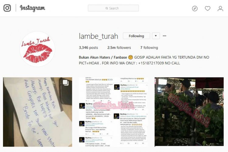 Laman akun Instagram @lambe_turah